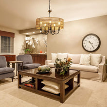 Load image into Gallery viewer, Farmhouse 5 Lights Black Chandelier With Rattan Shade