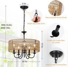 Load image into Gallery viewer, Farmhouse 5 Lights Black Chandelier With Rattan Shade