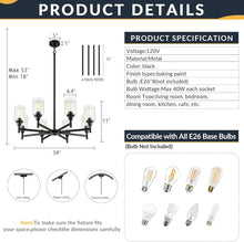 Load image into Gallery viewer, Black 8 Light Chandelier For Dining Room Glass Shades