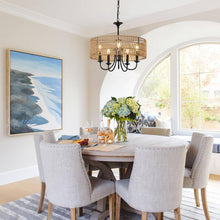 Load image into Gallery viewer, Farmhouse 5 Lights Black Chandelier With Rattan Shade