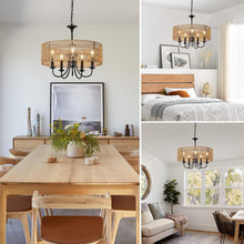 Load image into Gallery viewer, Farmhouse 5 Lights Black Chandelier With Rattan Shade