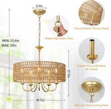 Load image into Gallery viewer, Gold 5 Light Rattan Boho Chandelier Pendant Lighting