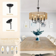 Load image into Gallery viewer, Farmhouse 5 Lights Black Chandelier With Rattan Shade