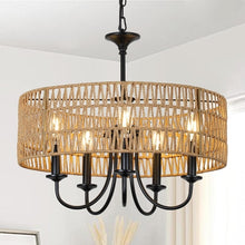 Load image into Gallery viewer, Farmhouse 5 Lights Black Chandelier With Rattan Shade