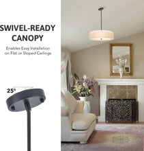 Load image into Gallery viewer, 20 Inch Black Drum Pendant Light With Fabric Shade Three Light Matte