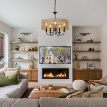 Load image into Gallery viewer, Farmhouse 5 Lights Black Chandelier With Rattan Shade