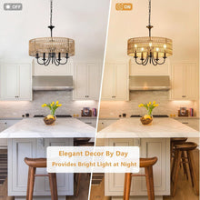 Load image into Gallery viewer, Farmhouse 5 Lights Black Chandelier With Rattan Shade