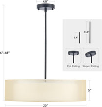 Load image into Gallery viewer, 20 Inch Black Drum Pendant Light With Fabric Shade Three Light Matte